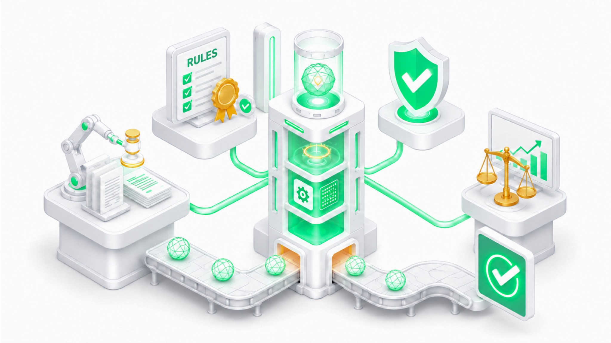 Governance hero visual showing AI-assisted governance systems, policy rules, compliance evidence, review, and risk-readiness