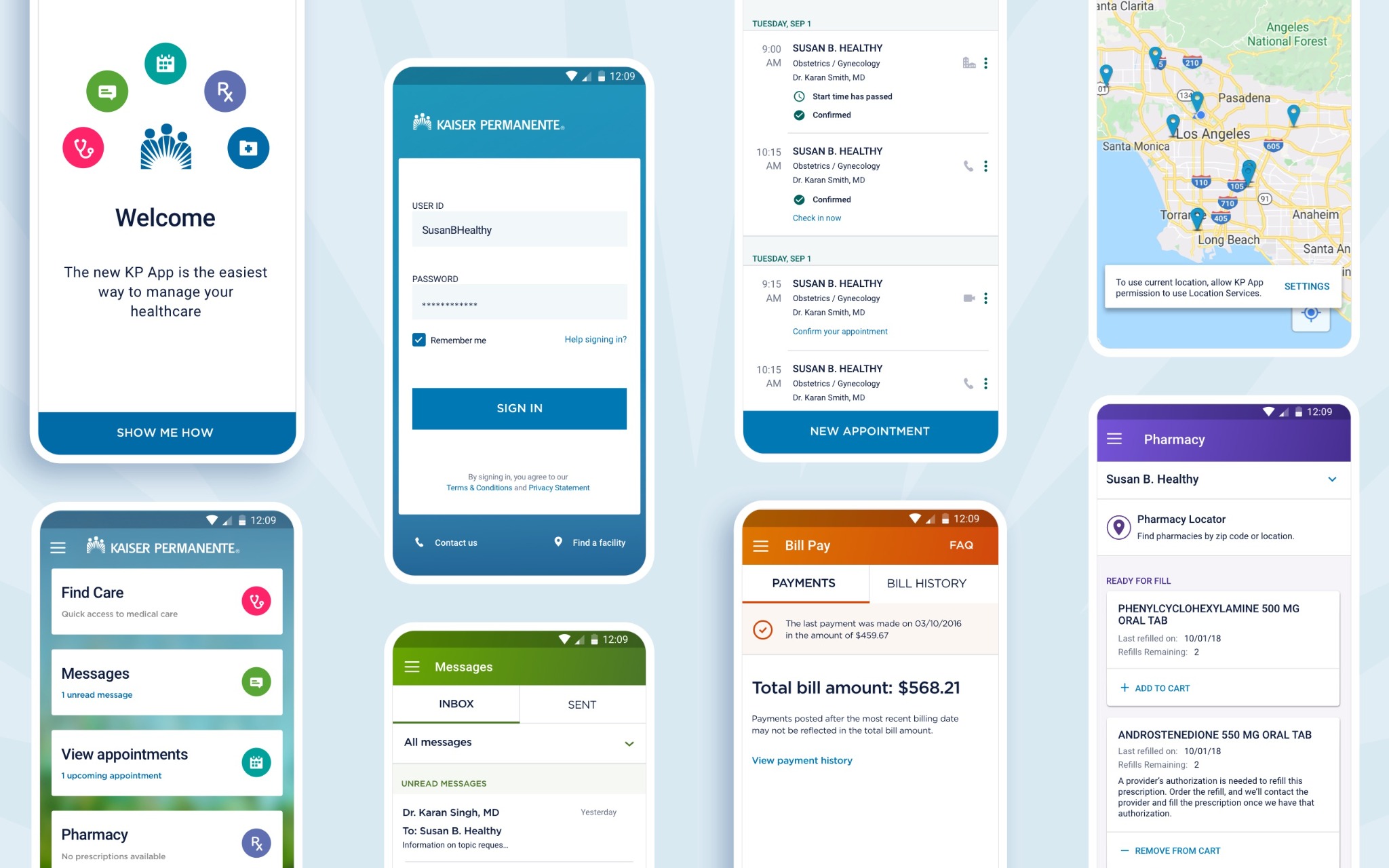 Kaiser Permanente mobile app screens showing sign in, care, appointments, location, pharmacy, messages, and bill pay features.